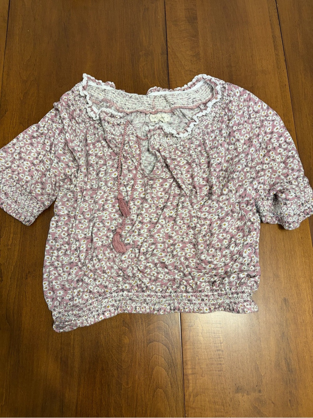 Lucky Brand Pink Floral Smocked Peasant Blouse